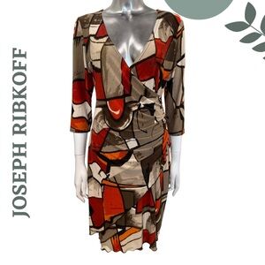Joseph Ribkoff Abstract Print Ruched Faux Wrap Dress Size 8 Orange Brown, Black